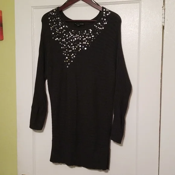 Elegant BLACK RIVET Knitted Dark Grey Dress Long Sleeves w Sequins Women Size S - Picture 1 of 16